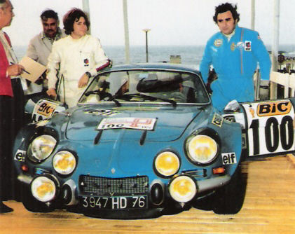 Jean Pierre Nicolas i Jean Todt na samochodzie Alpine Renault A 110.