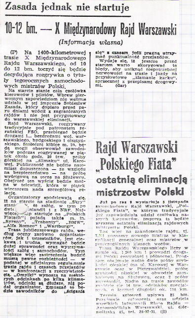 10 Rajd Warszawski „Polskiego Fiata”. 6 eliminacja.  10-12.11.1972r.