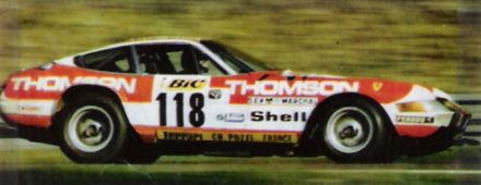 Jean Claude Andruet i "Biche" na samochodzie Ferrari 365 GTB 4 Daytona.
