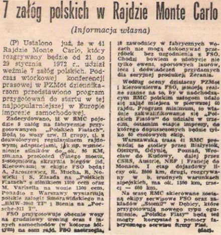 41.Rajd Monte Carlo (MC). 1 eliminacja.  21-29.01.1972r.